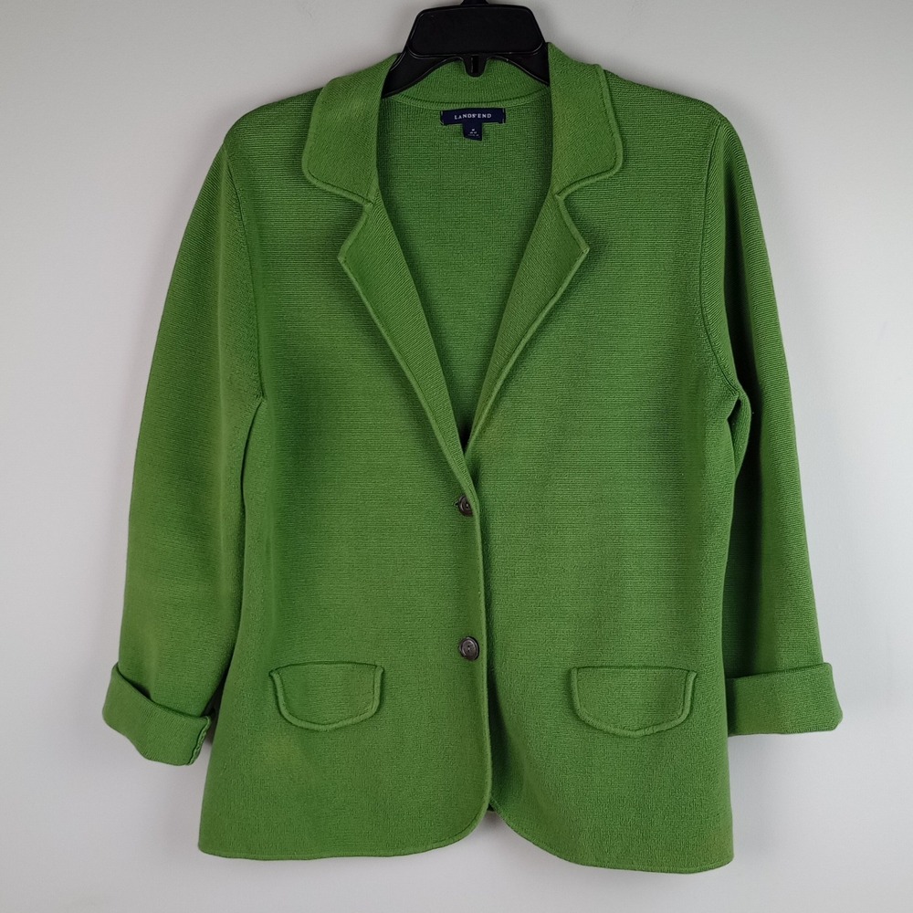 Lands' End Womens M Green Cotton Knit Two Button Pocket Cardigan Sweater Blazer